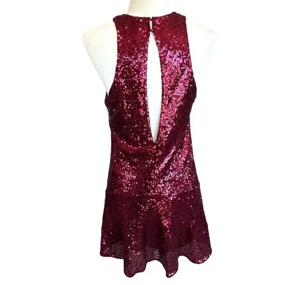 Free People Halter Dress XS Red Sequin Liquid Shine Mini NYE Holiday Party Glam - Picture 3 of 15